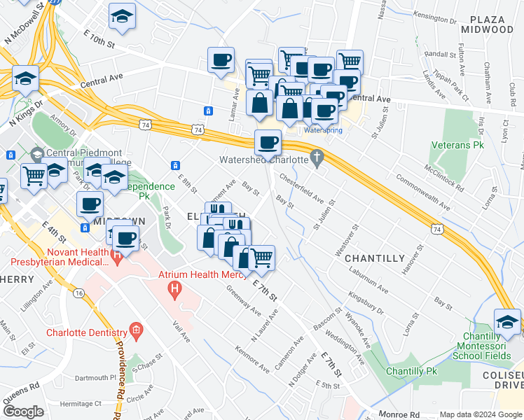map of restaurants, bars, coffee shops, grocery stores, and more near 612 Pecan Avenue in Charlotte