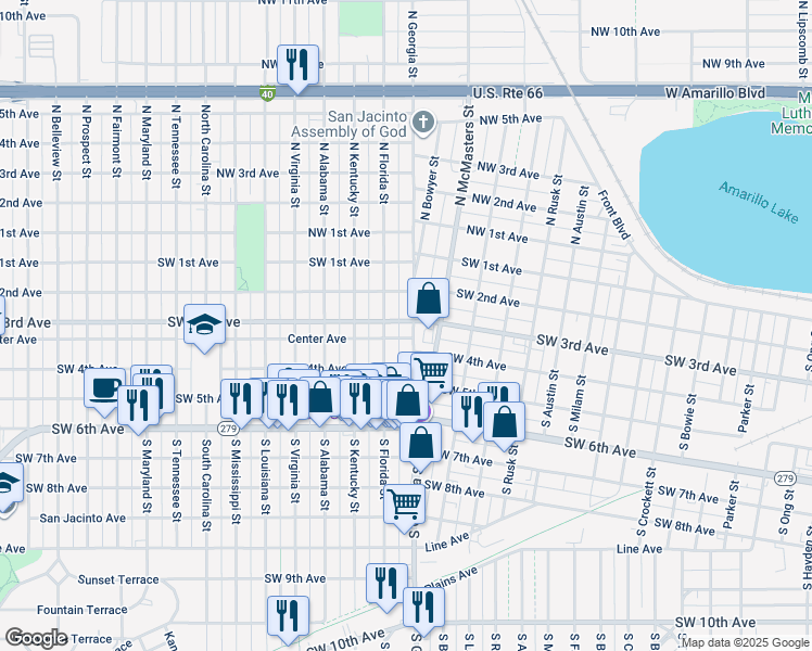 map of restaurants, bars, coffee shops, grocery stores, and more near 308 South Georgia Street in Amarillo