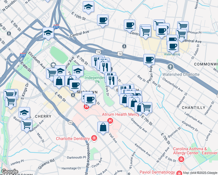 map of restaurants, bars, coffee shops, grocery stores, and more near 2101 Park Drive in Charlotte