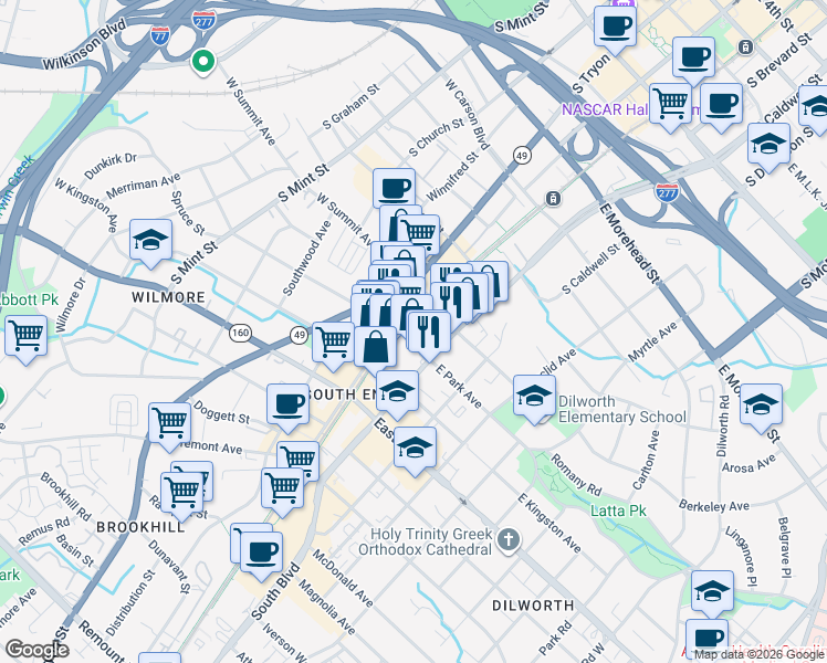 map of restaurants, bars, coffee shops, grocery stores, and more near 131 East Park Avenue in Charlotte