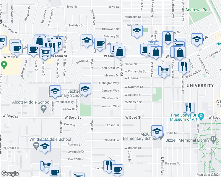 map of restaurants, bars, coffee shops, grocery stores, and more near 1211 Camden Way in Norman