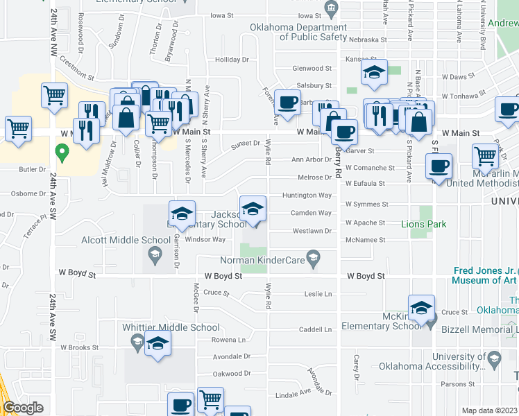 map of restaurants, bars, coffee shops, grocery stores, and more near 1503 Camden Way in Norman