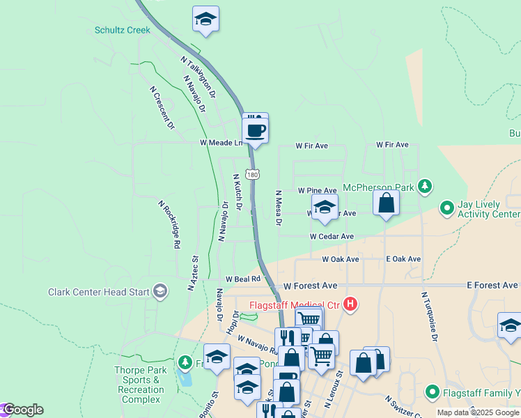 map of restaurants, bars, coffee shops, grocery stores, and more near 1576 North Fort Valley Road in Flagstaff
