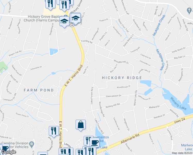 map of restaurants, bars, coffee shops, grocery stores, and more near 6426 Lake Forest Road East in Charlotte