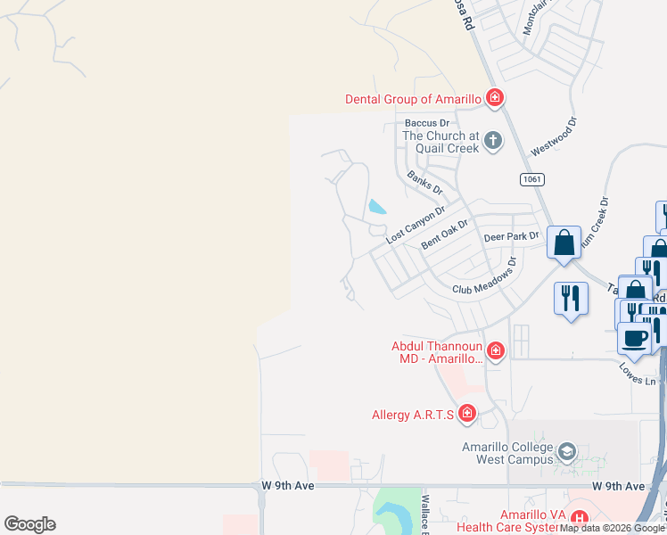 map of restaurants, bars, coffee shops, grocery stores, and more near 14 Citadel Drive in Amarillo