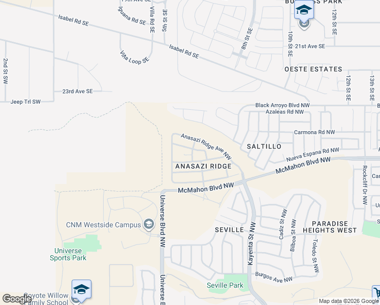 map of restaurants, bars, coffee shops, grocery stores, and more near 6541 Ancients Road Northwest in Albuquerque