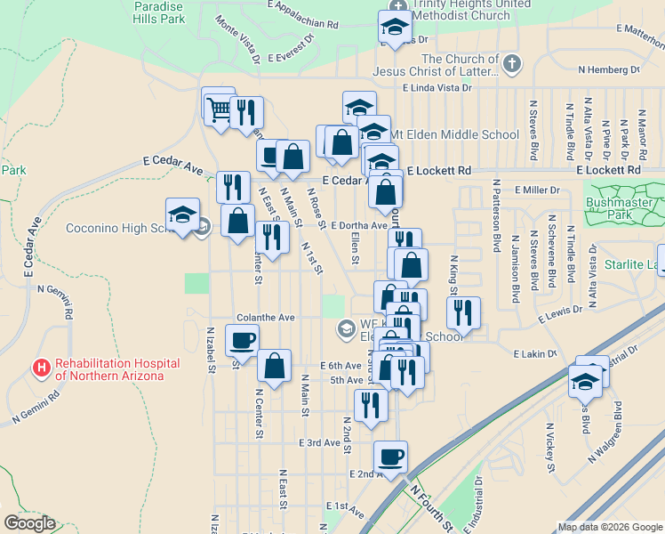 map of restaurants, bars, coffee shops, grocery stores, and more near 2612 North 1st Street in Flagstaff