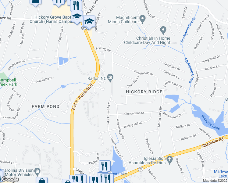 map of restaurants, bars, coffee shops, grocery stores, and more near 6000 Long Pine Drive in Charlotte