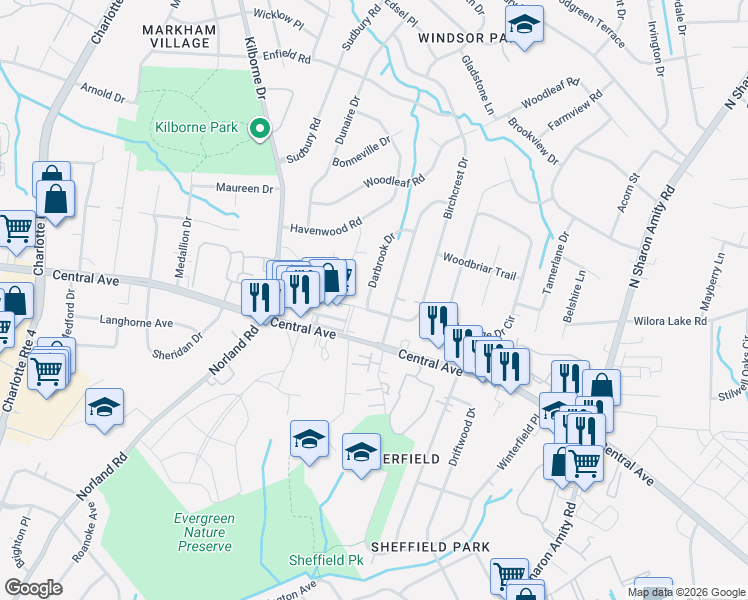 map of restaurants, bars, coffee shops, grocery stores, and more near 1623 Lansdale Drive in Charlotte