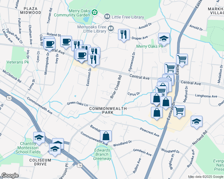 map of restaurants, bars, coffee shops, grocery stores, and more near 1445 Briar Creek Road in Charlotte