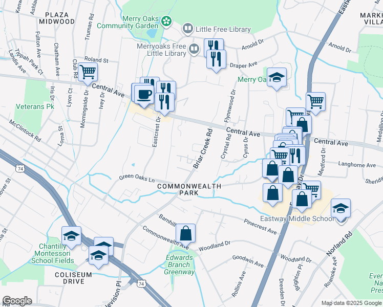 map of restaurants, bars, coffee shops, grocery stores, and more near 1445 Briar Creek Road in Charlotte