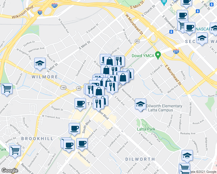 map of restaurants, bars, coffee shops, grocery stores, and more near 163-199 East Park Avenue in Charlotte
