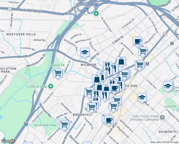 map of restaurants, bars, coffee shops, grocery stores, and more near in Charlotte