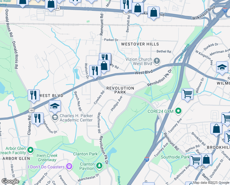 map of restaurants, bars, coffee shops, grocery stores, and more near 2714 Mayflower Road in Charlotte