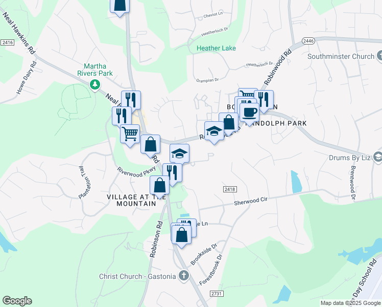 map of restaurants, bars, coffee shops, grocery stores, and more near 813 Jamestown Drive in Gastonia