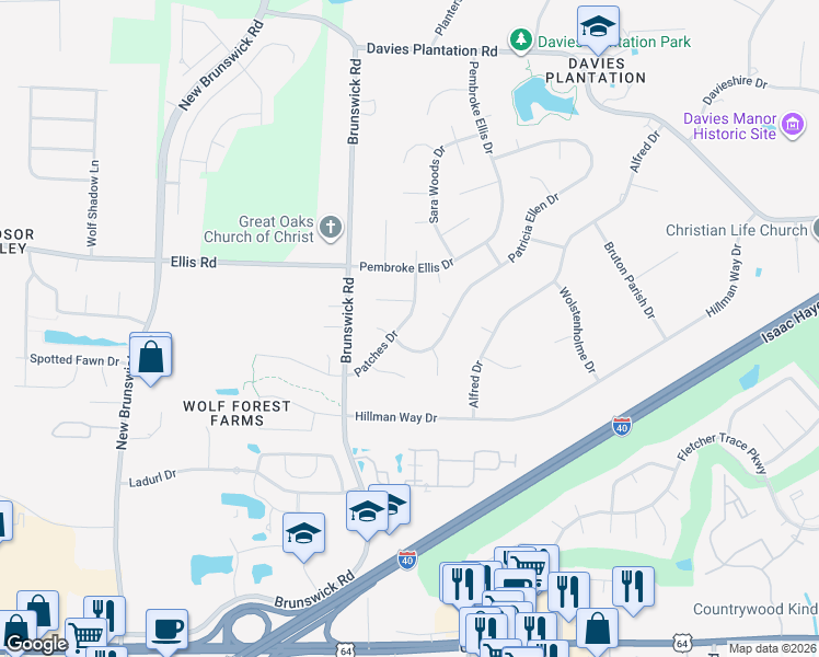map of restaurants, bars, coffee shops, grocery stores, and more near 3229 Patricia Ellen Drive in Memphis