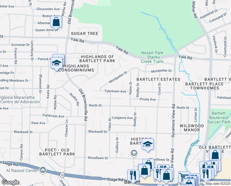 map of restaurants, bars, coffee shops, grocery stores, and more near 5594 Ackerman Cove in Bartlett