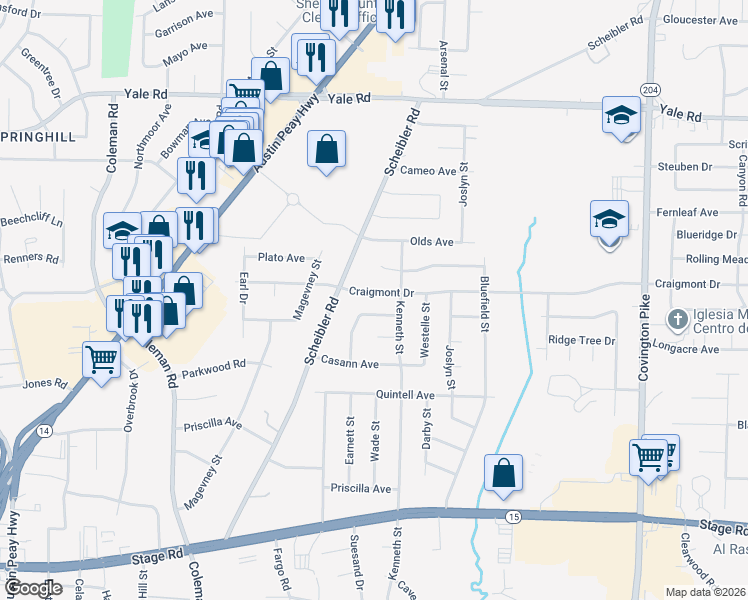 map of restaurants, bars, coffee shops, grocery stores, and more near 3246 Velmagi Street in Memphis