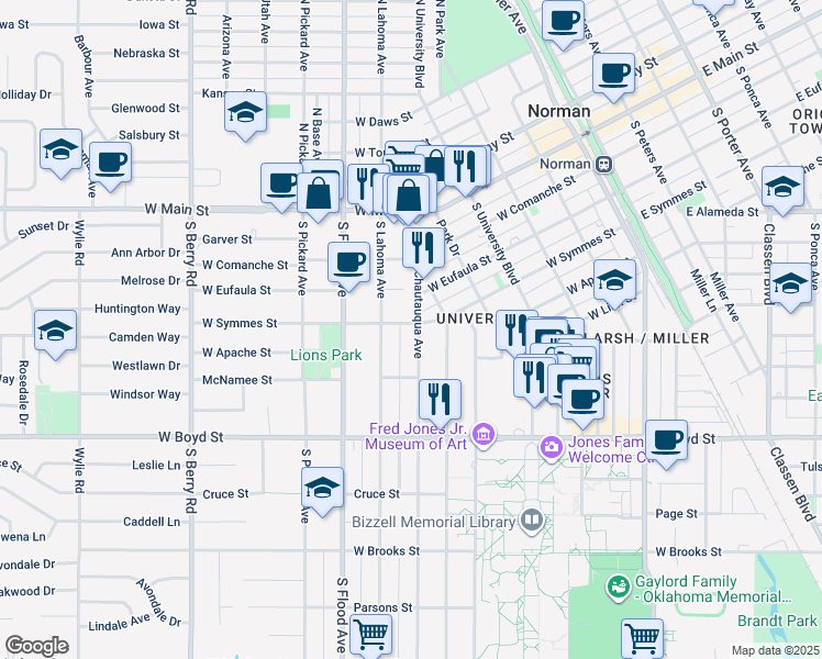 map of restaurants, bars, coffee shops, grocery stores, and more near 424 Chautauqua Avenue in Norman