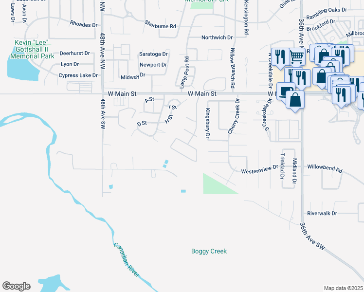 map of restaurants, bars, coffee shops, grocery stores, and more near 4303 Willowpoint Drive in Norman