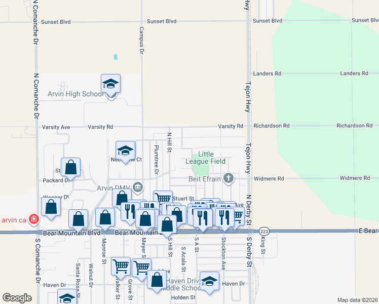 map of restaurants, bars, coffee shops, grocery stores, and more near 433 Simpson Street in Arvin
