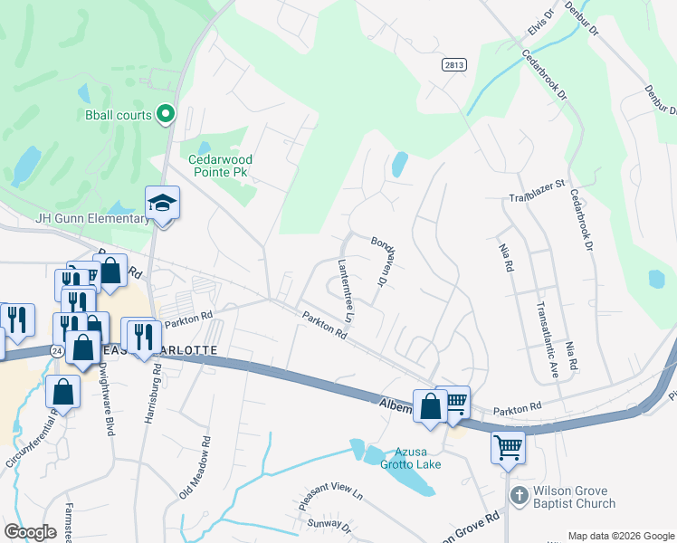 map of restaurants, bars, coffee shops, grocery stores, and more near 7116 Doblinway Drive in Charlotte