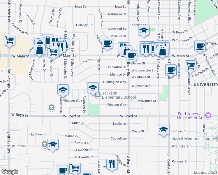 map of restaurants, bars, coffee shops, grocery stores, and more near 1226 Camden Way in Norman