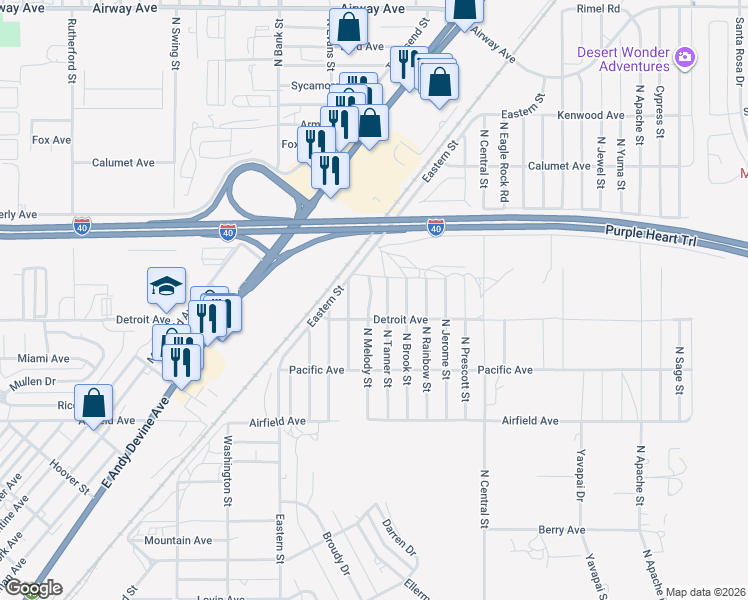 map of restaurants, bars, coffee shops, grocery stores, and more near 3104 North Melody Street in Kingman