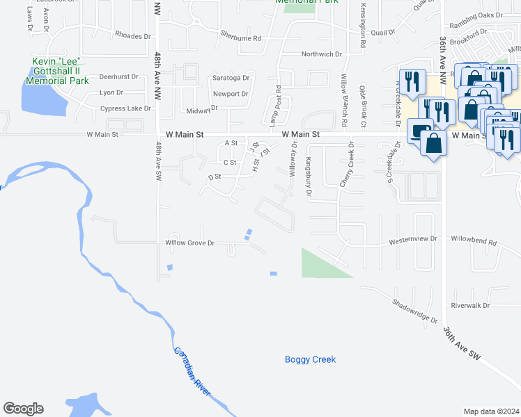 map of restaurants, bars, coffee shops, grocery stores, and more near 4403 Willowpoint Drive in Norman