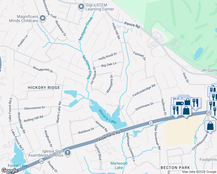 map of restaurants, bars, coffee shops, grocery stores, and more near 6215 Fringe Tree Drive in Charlotte
