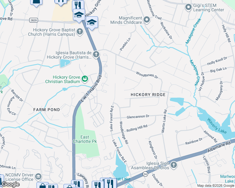 map of restaurants, bars, coffee shops, grocery stores, and more near 6000 Long Pine Drive in Charlotte