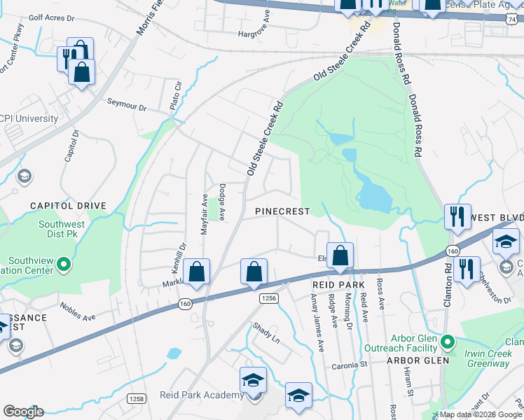 map of restaurants, bars, coffee shops, grocery stores, and more near in Charlotte