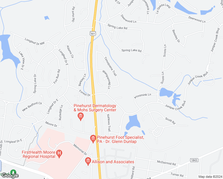 map of restaurants, bars, coffee shops, grocery stores, and more near 6 Wampanoag Lane in Pinehurst