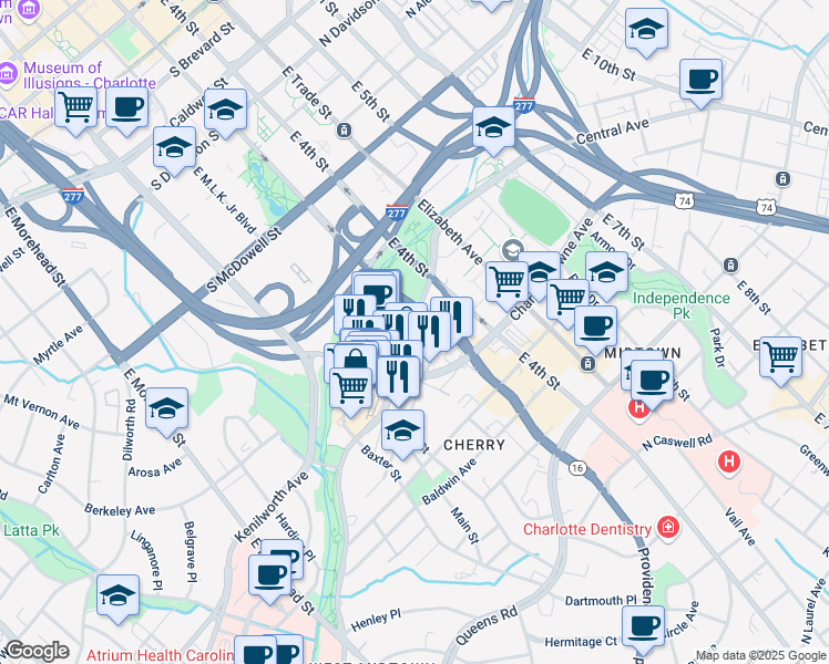 map of restaurants, bars, coffee shops, grocery stores, and more near 205 South Kings Drive in Charlotte