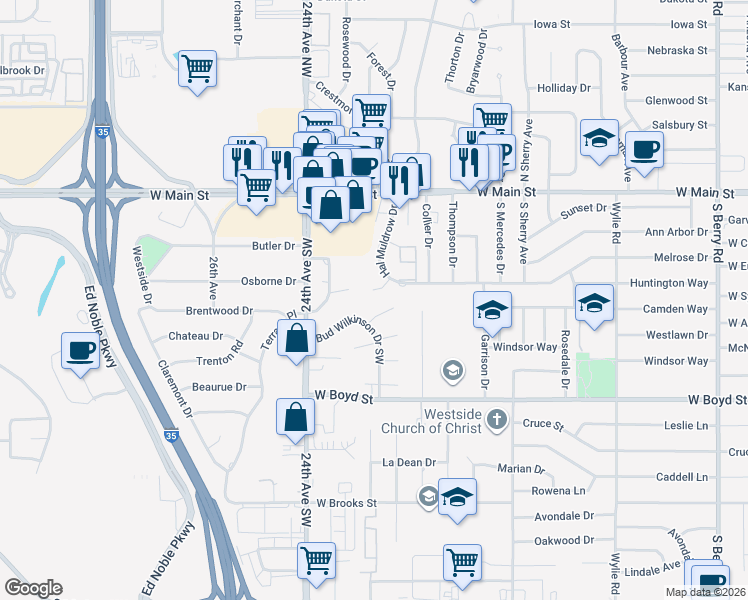map of restaurants, bars, coffee shops, grocery stores, and more near 2148 Melrose Court in Norman