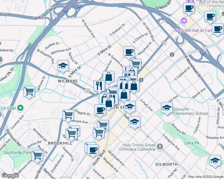 map of restaurants, bars, coffee shops, grocery stores, and more near in Charlotte