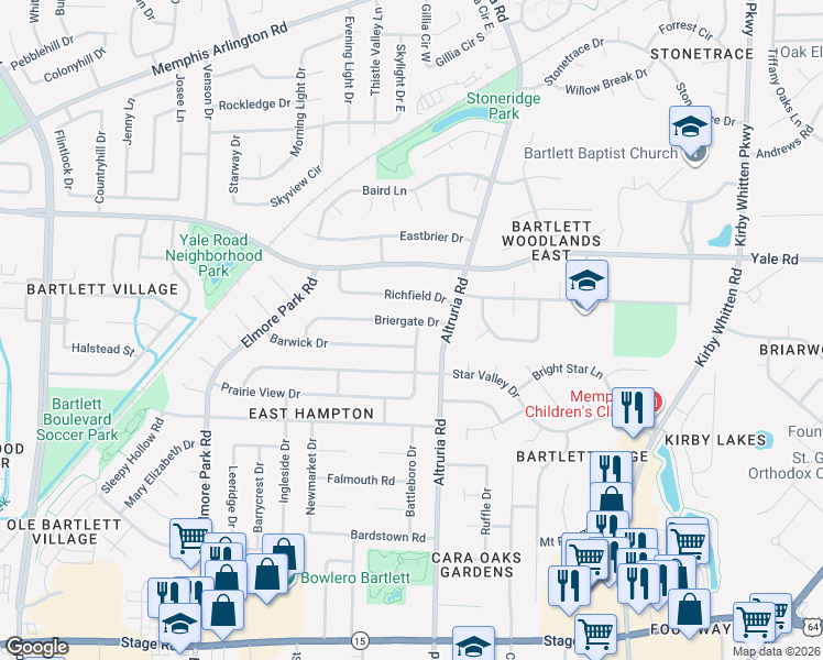 map of restaurants, bars, coffee shops, grocery stores, and more near 3236 Laurel Creek Road in Bartlett