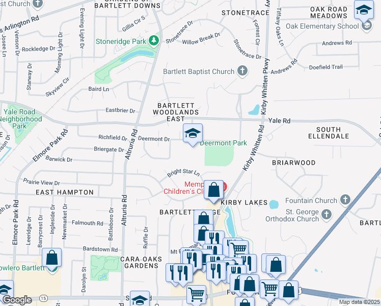 map of restaurants, bars, coffee shops, grocery stores, and more near 6641 Deermont Drive in Memphis