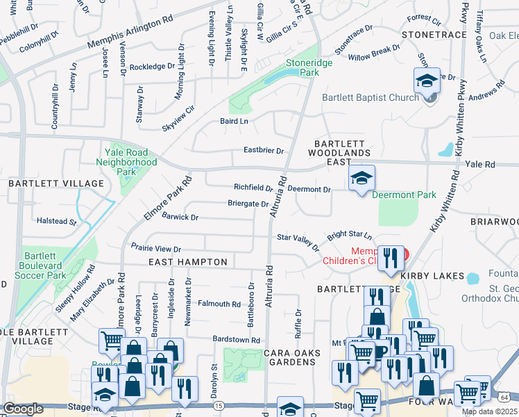 map of restaurants, bars, coffee shops, grocery stores, and more near 3236 Laurel Creek Road in Bartlett