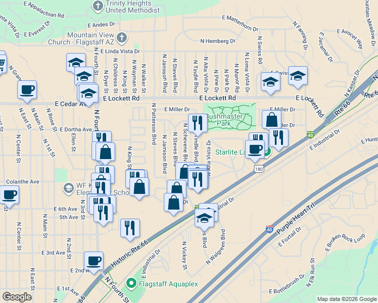 map of restaurants, bars, coffee shops, grocery stores, and more near 2829 North Schevene Boulevard in Flagstaff