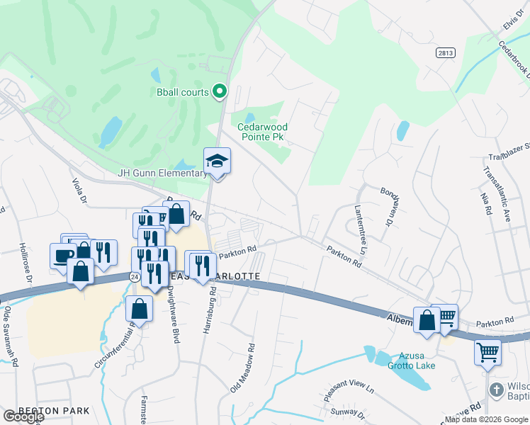 map of restaurants, bars, coffee shops, grocery stores, and more near 7000 Harrisburg Road in Charlotte