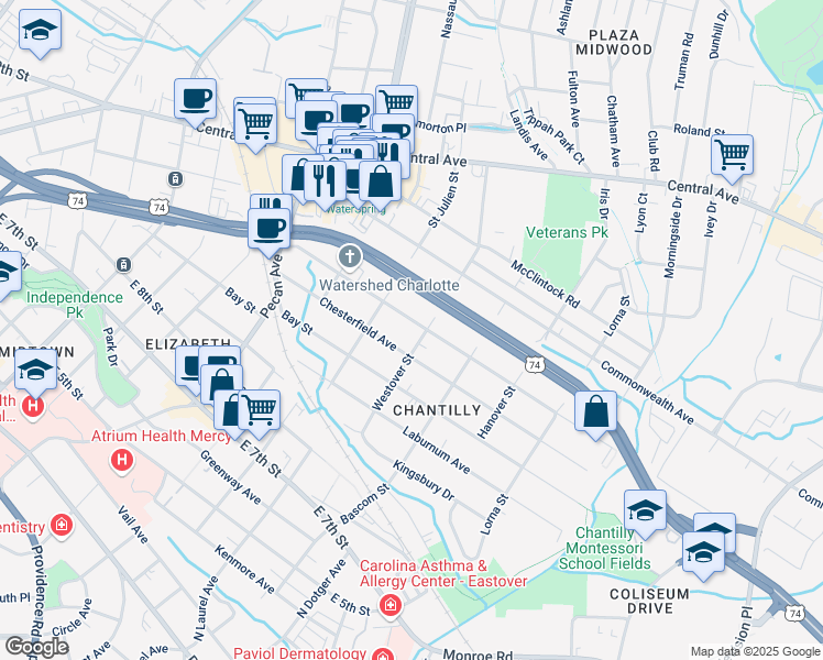 map of restaurants, bars, coffee shops, grocery stores, and more near 2301 Chesterfield Avenue in Charlotte