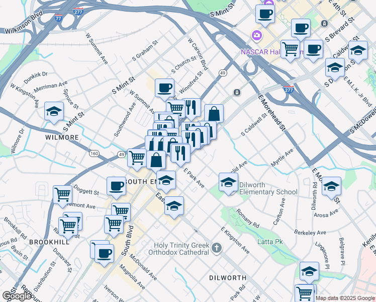 map of restaurants, bars, coffee shops, grocery stores, and more near 1515 South Boulevard in Charlotte