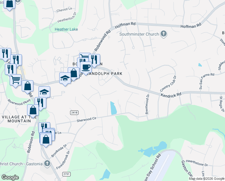 map of restaurants, bars, coffee shops, grocery stores, and more near 3619 Club Colony Drive in Gastonia