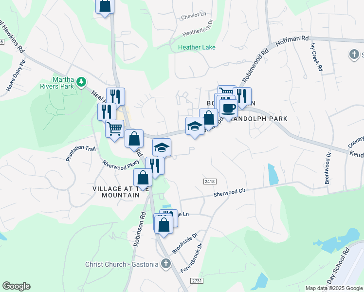 map of restaurants, bars, coffee shops, grocery stores, and more near 813 Jamestown Drive in Gastonia