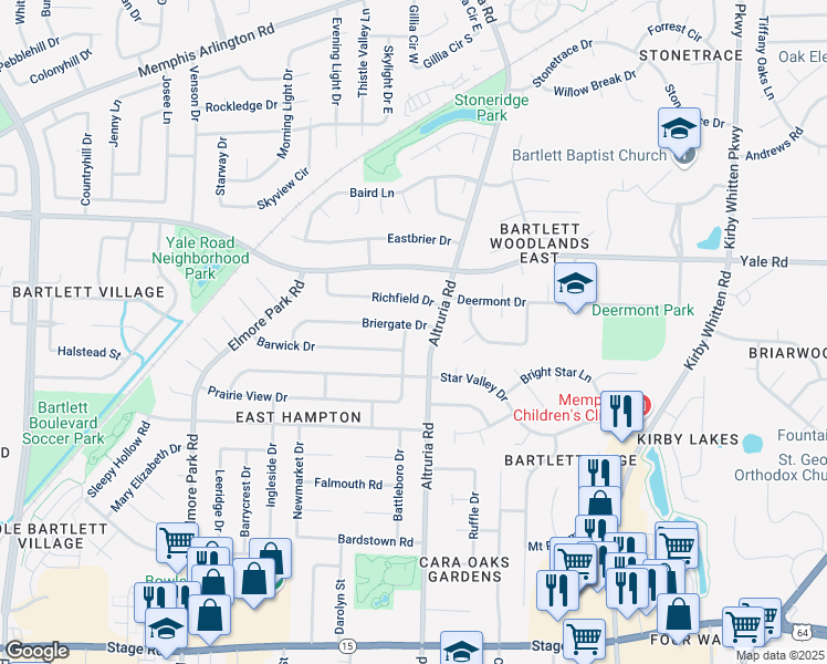 map of restaurants, bars, coffee shops, grocery stores, and more near 3236 Laurel Creek Road in Bartlett