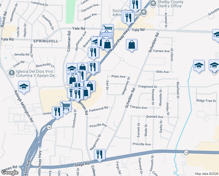 map of restaurants, bars, coffee shops, grocery stores, and more near 3250 Earl Drive in Memphis