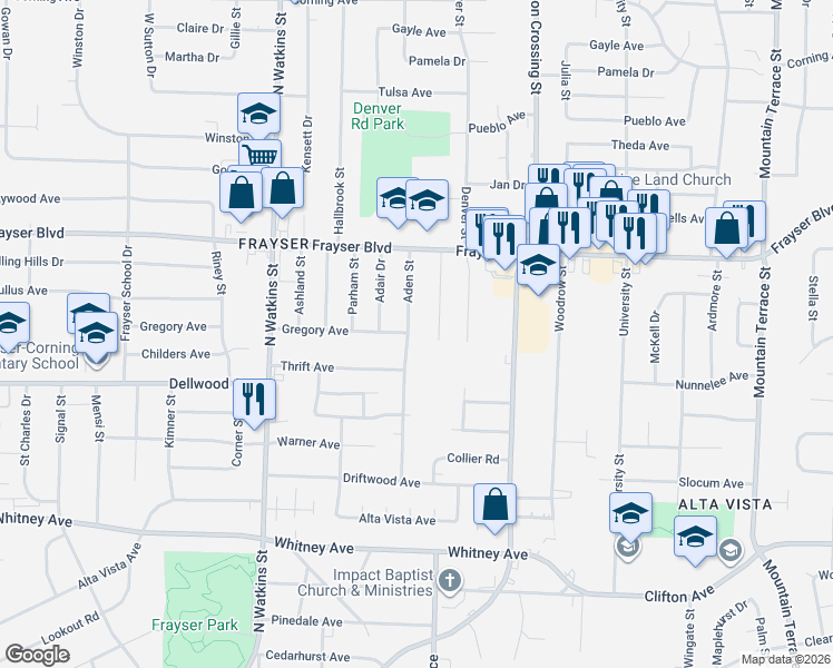 map of restaurants, bars, coffee shops, grocery stores, and more near 3241 Aden Street in Memphis