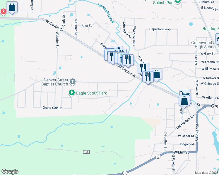 map of restaurants, bars, coffee shops, grocery stores, and more near 909 West Baltimore Street in Greenwood