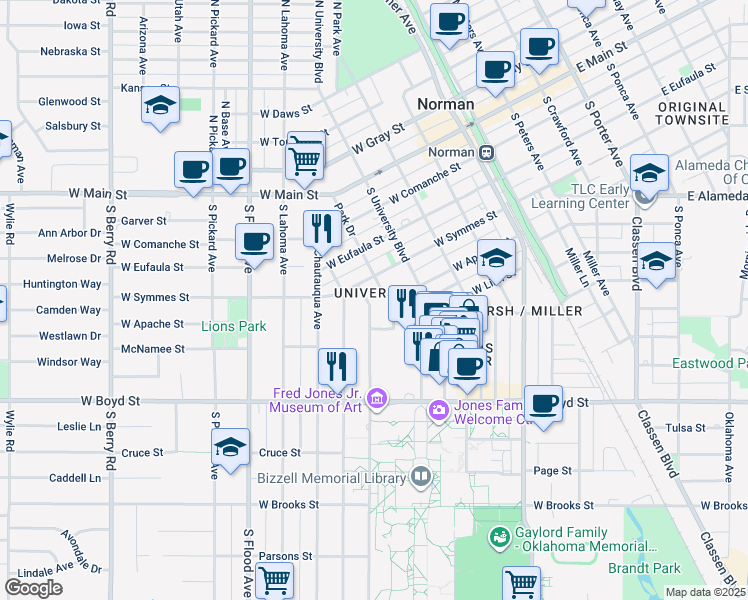 map of restaurants, bars, coffee shops, grocery stores, and more near 425 Elm Avenue in Norman